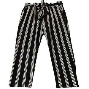 Stella Tweed Belted Paperbag Pants XL Black White Stripes Tapered Leg Party City